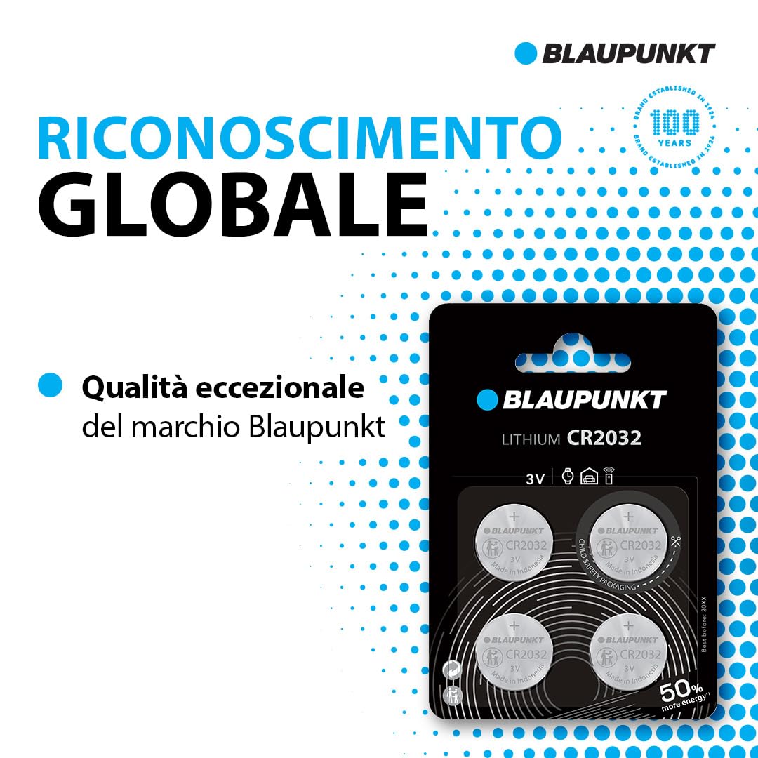 BLAUPUNKT CR2032 Batterie al Litio a Bottone, Confezione da 4, per l'Orologio da Polso, la Chiave della Porta del Garage o la Chiave Wireless, CR2032BL/4BP