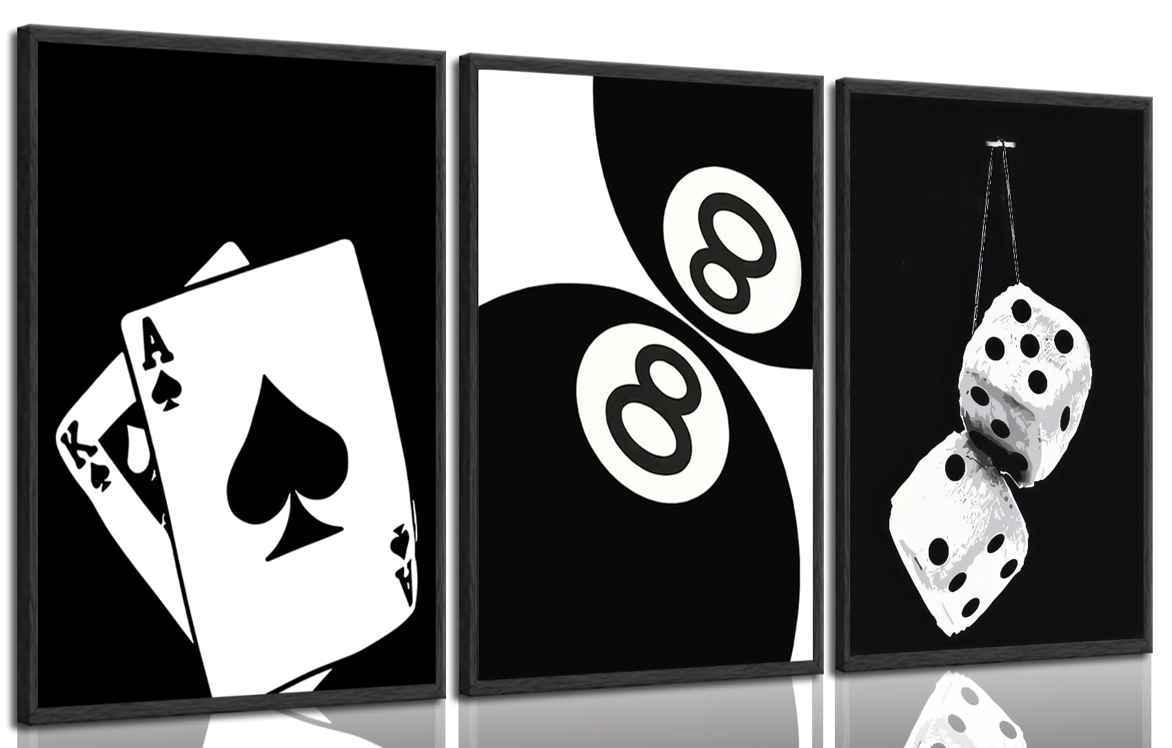 3Pcs Black and White Poker Dice Canvas Wall Art Lucky You Poster Prints Trendy Funky Preppy Y2K 8 Ball Pictures Artwork Aesthetic Painting for Game Room Apartment Dorm Decor 12x16in Unframed