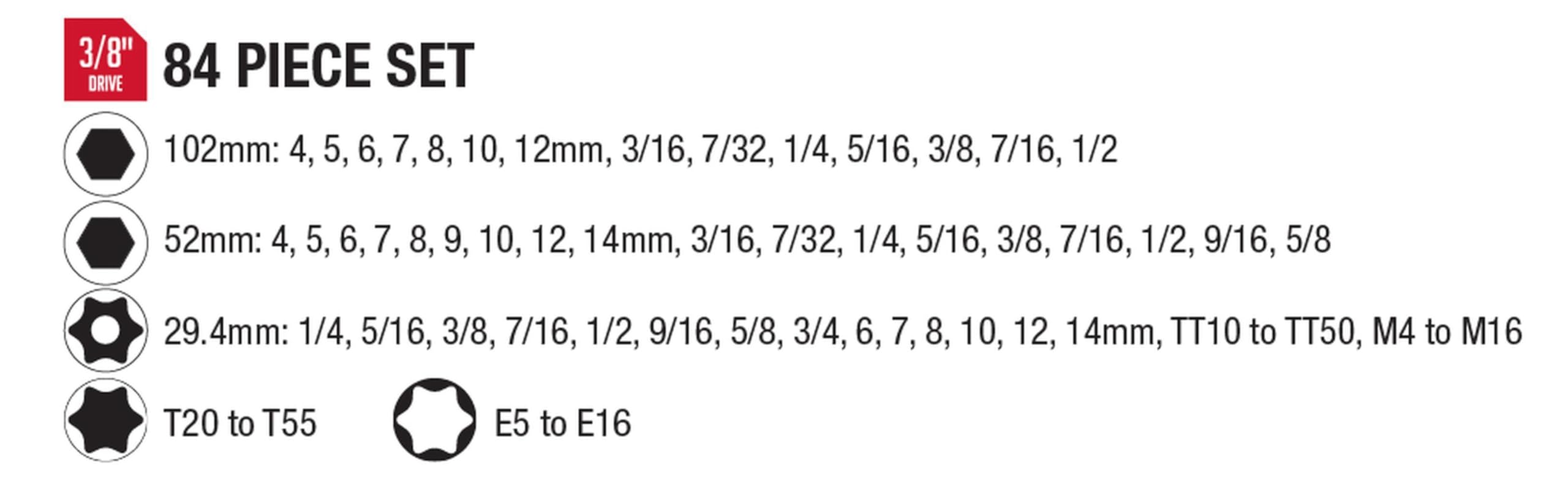 Sunex 3569 3/8" Dr. Master Hex Bit Impact Socket Set (84 Piece)