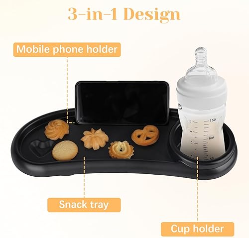 Miniatura 3 de Bandeja de aperitivos para cochecito, bandeja de aperitivos ajustable para cochecito con portavasos y soporte para teléfono, accesorios gruesos