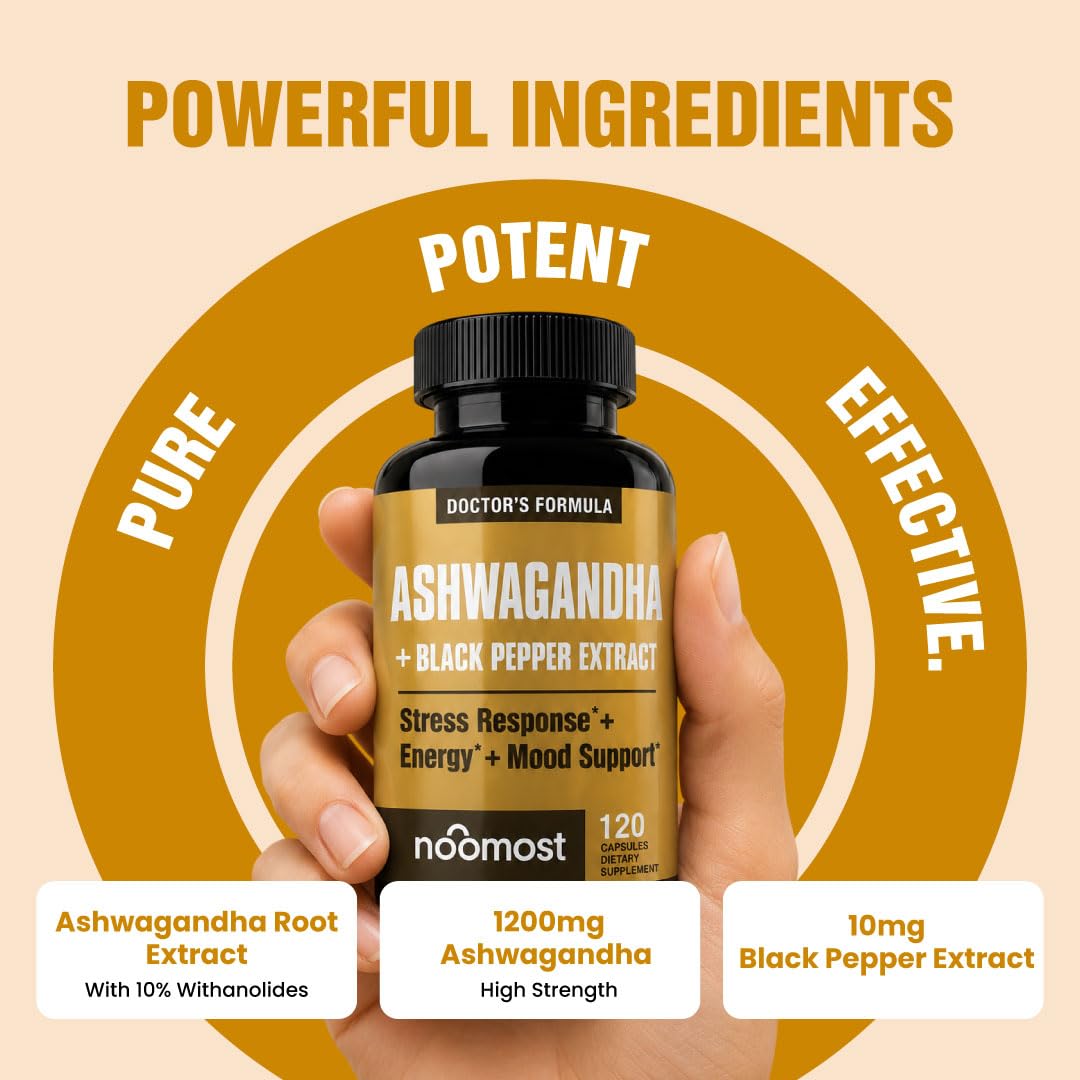NooMost Ashwagandha 1200mg Supplement | 10% Withanolides with Black Pepper Extract | Pure Root Extract for Stress Relief, Promotes Energy, Mood, Helathy Sleep for Men & Women | 120 Capsules — Amazon image 2