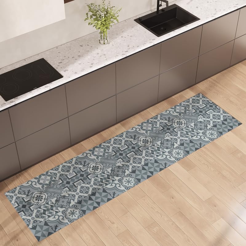 NARCISO Alfombra de cocina antideslizante lavable, 100 % vinilo engomado, antimanchas, antideslizante y lavable, alfombras de pasillo disponibles en varios tamaños (mayólica gris, 52 x 140 cm)