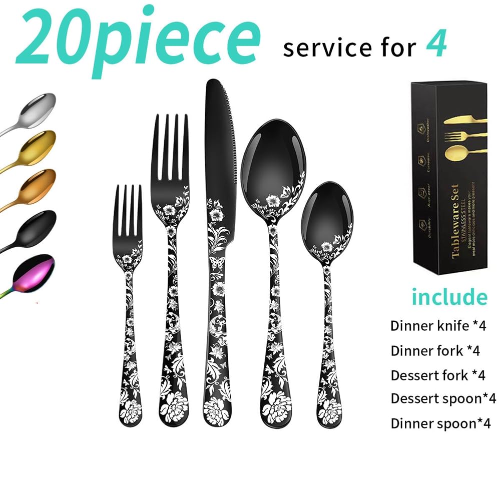 Ensemble de Couverts 4 Personnes 20 Pcs Couverts en Acier Inoxydable Couverts Poli Miroir Comprenant Couteau Fourchette Cuillerée Couverts de Table pour Cuisine Restaurant Or Rose