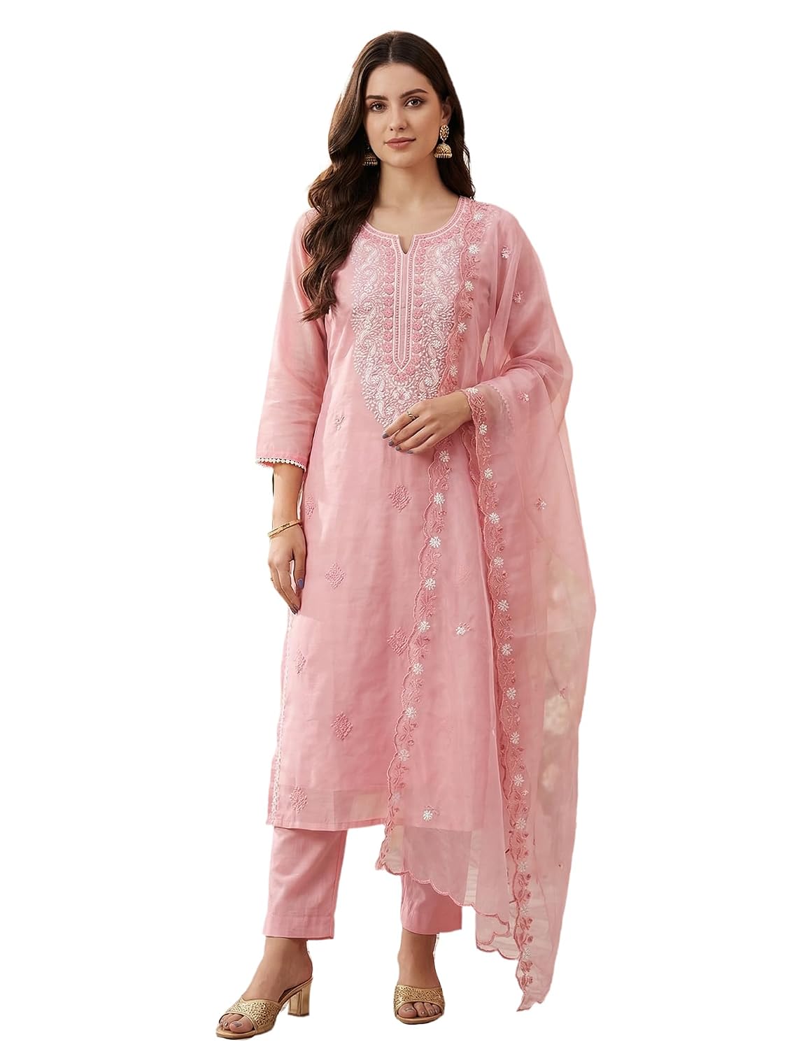 INDO ERA Women's Cotton Yoke Design Straight Kurta Pant with Dupatta Set