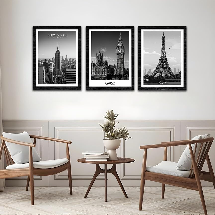 Image of NoWorries Black & White City Wall Art Framed Painting Set of 3 | New York London Paris Skyline Prints with Frame | Modern Minimalist Travel Poster Wall Decor Frames for Living Room, Bedroom and Office | Ready to Hang (Art-2, 10x13inch, Wooden)