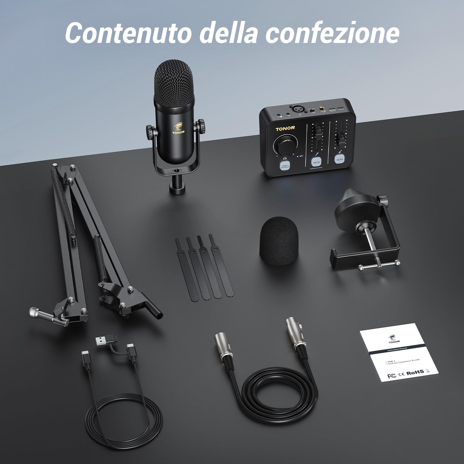 TONOR Podcast Equipment Bundle, Mixer Audio con Microfono Dinamico di Boom Arm Set, Microfono XLR con Interfaccia Audio da Studio, Pacchetto all-in-one per Podcasting, Streaming, Registrazione POD-1