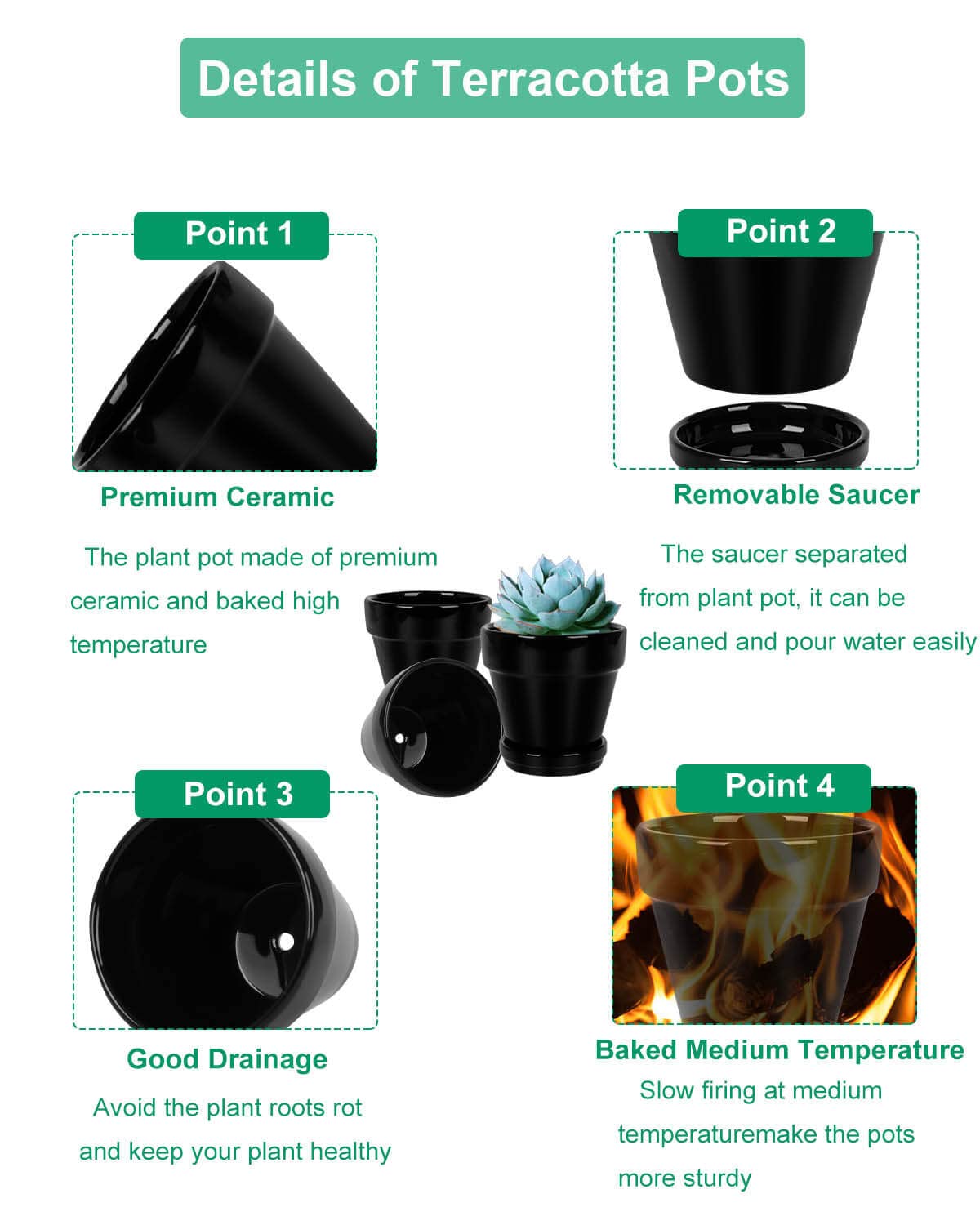 vensovo 4 Inch Black Ceramic Pot for Plant with Saucer - 6 Pack Small Ceramic Plant Pot with Drainage Hole, Flower Pot with Tray, Succulent Pot for Indoor Outdoor Plant