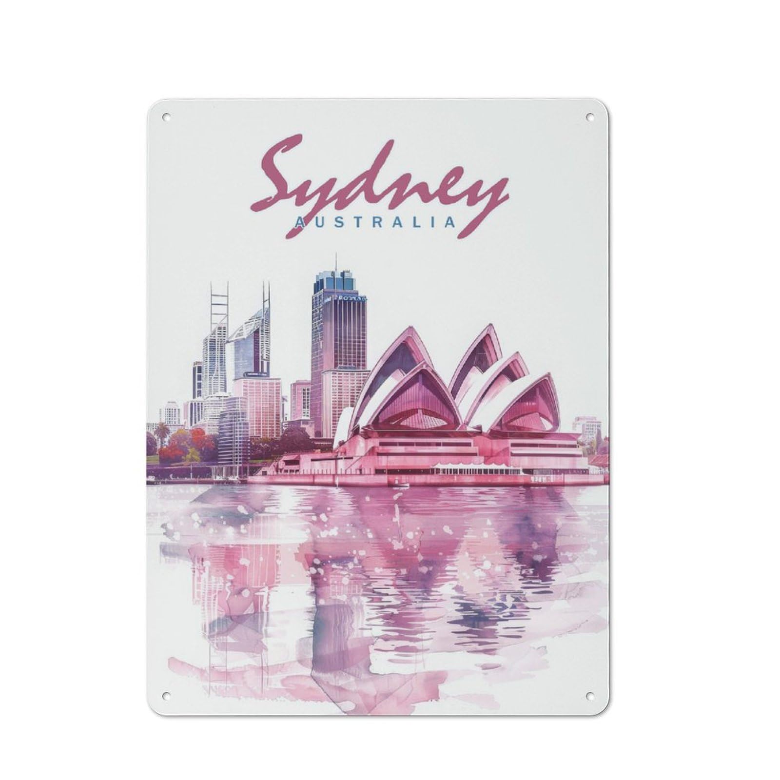 Sydney City Watercolor Vintage Metal Wall Decor 40x30cm, Vintage Tin Sign for Bakery, Diner, Cafe Or Family Room