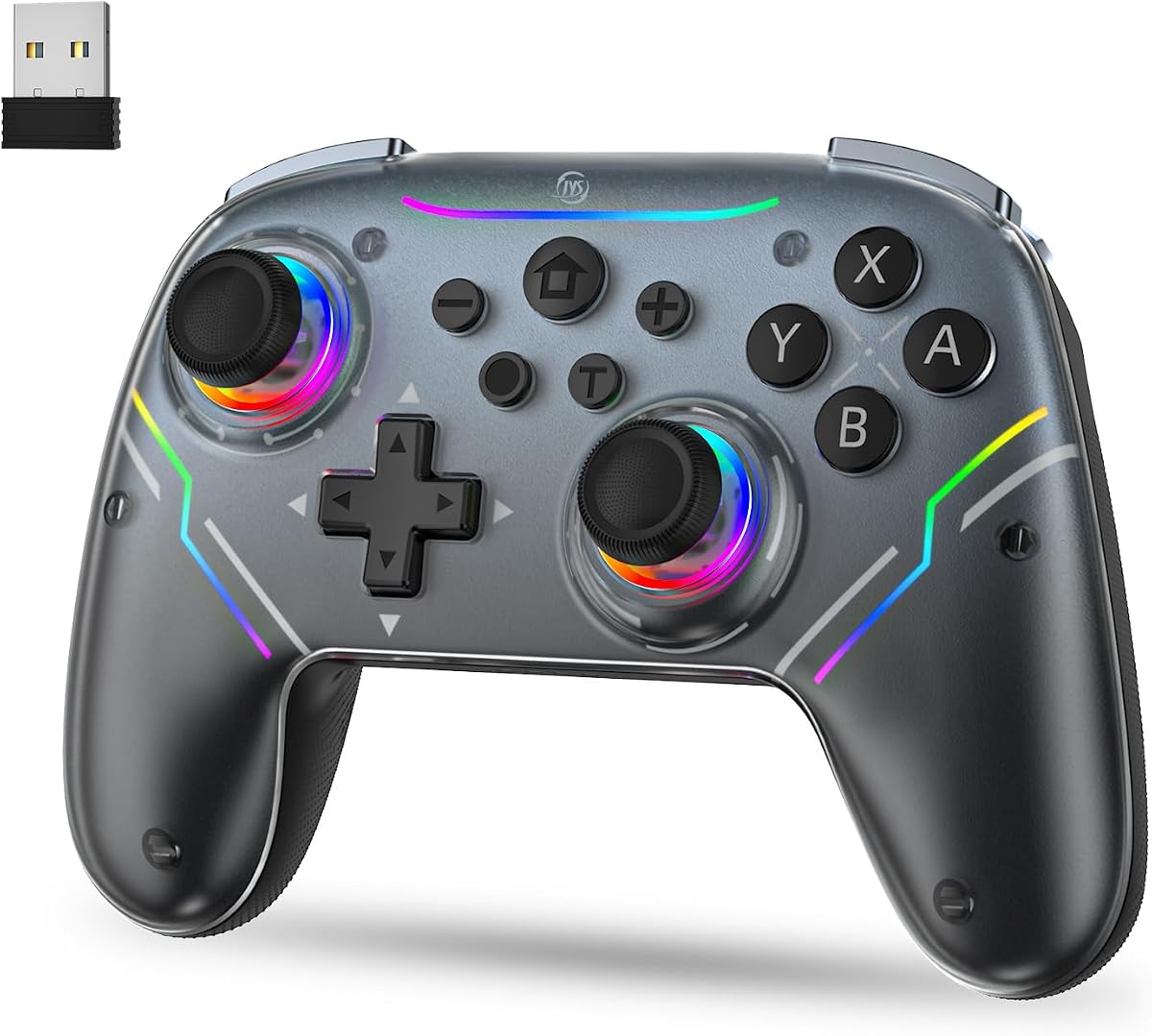 JDDWIN Wireless Controller for Switch 2/Switch/PC/Steam Deck, Hall Effect Joysticks & Triggers/Wake-up Function, Gamepad with RGB Light /Turbo/Programmable/ Dual Vibration Bluetooth USB Adapter for PC (Black)