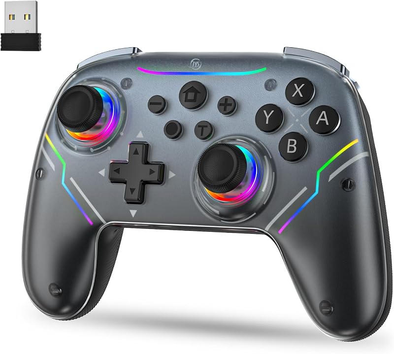 JDDWIN Wireless Controller for Switch 2/Switch/PC/Steam Deck, Hall Effect Joysticks & Triggers/Wake-up Function, Gamepad with RGB Light /Turbo/Programmable/ Dual Vibration Bluetooth USB Adapter for PC (Black)