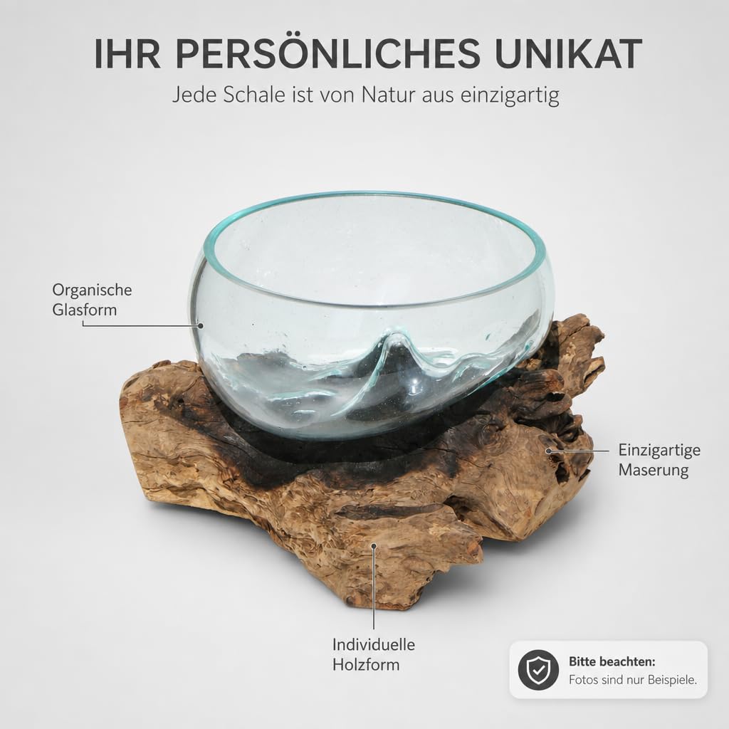 Handgefertigte Deko Glasschale - B-Ware - Unikat Vase auf Wurzelholz - mundgeblasenes Gestaltungselement aus Teakholz - Naturdesign für Tischdeko, Wohnzimmer, Balkon - Ø 18-20 cm Schale L