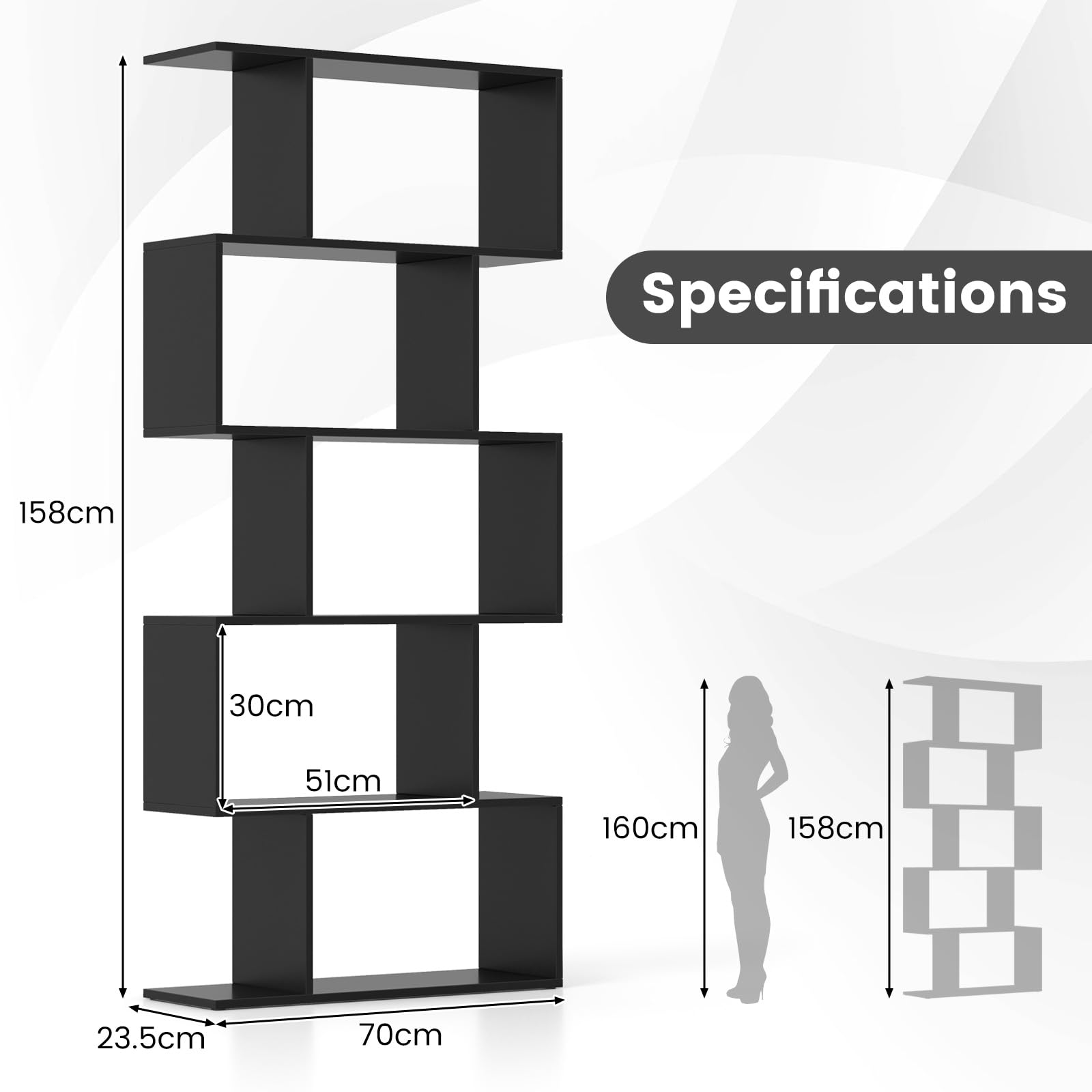 GOPLUS Boekenkast, rek met 5 niveaus, S-vormig staand rek met deuren, opbergrek, woonplank, kantoorplank, ruimteverdeler, rek van hout voor woonkamer en werkkamer, 70 x 23 x 183 cm (wit