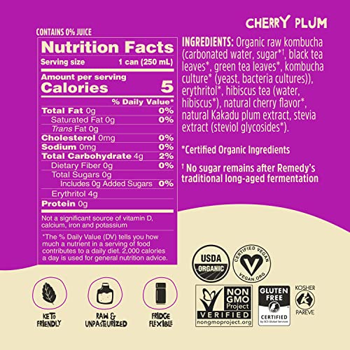Remedy Kombucha Tea Organic Drink - Sugar Free, Keto, Vegan & Gluten Free - Sparkling Live Cultured, Small Batch Brewed Beverage - Cherry Plum - 8.5 Fl Oz Can, 24-Pack #TOP5