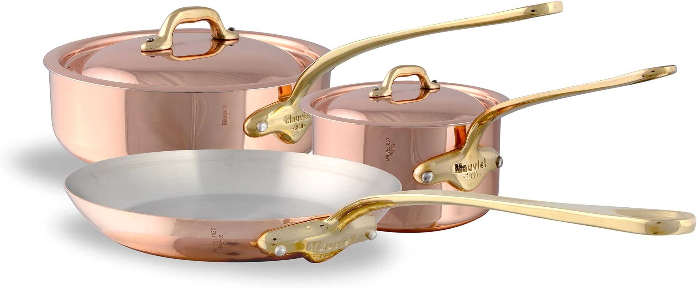 Mauviel M'150 B 1.5mm Polished Copper & Stainless Steel 5-Piece Cookware Set With Brass Handles, Made In France