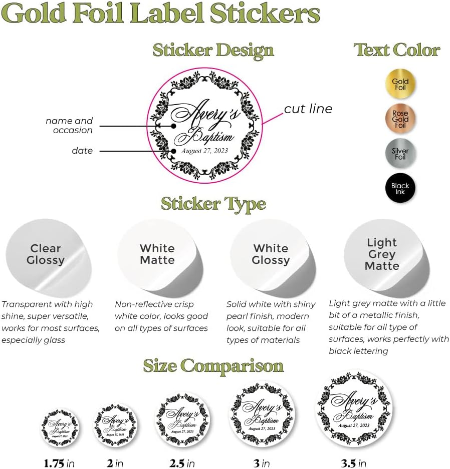 Clear Transparent Gold Foil Personalized Baptism Sticker Labels, Custom Christening Stickers for Favor and Gift Bags, Candles, Bottles, Jars (3" or 7.62 cm)
