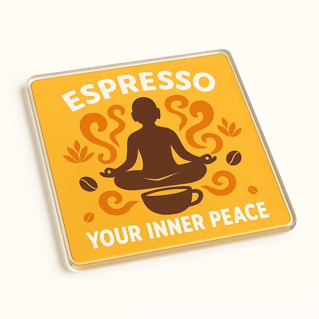 The Plum Penguin Serene Brew Harmony Acrylic Coaster Gift With Meditation & Coffee Design - For Relaxed Coffee Lovers' Moments