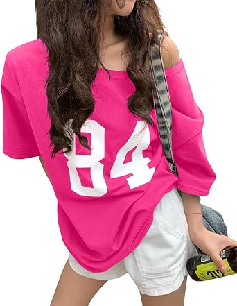 Pinclodly Off The Shoulder Tops for Women Short Sleeve Y2K Jersey Number Graphic Oversized Tshirts E-Girl Tees