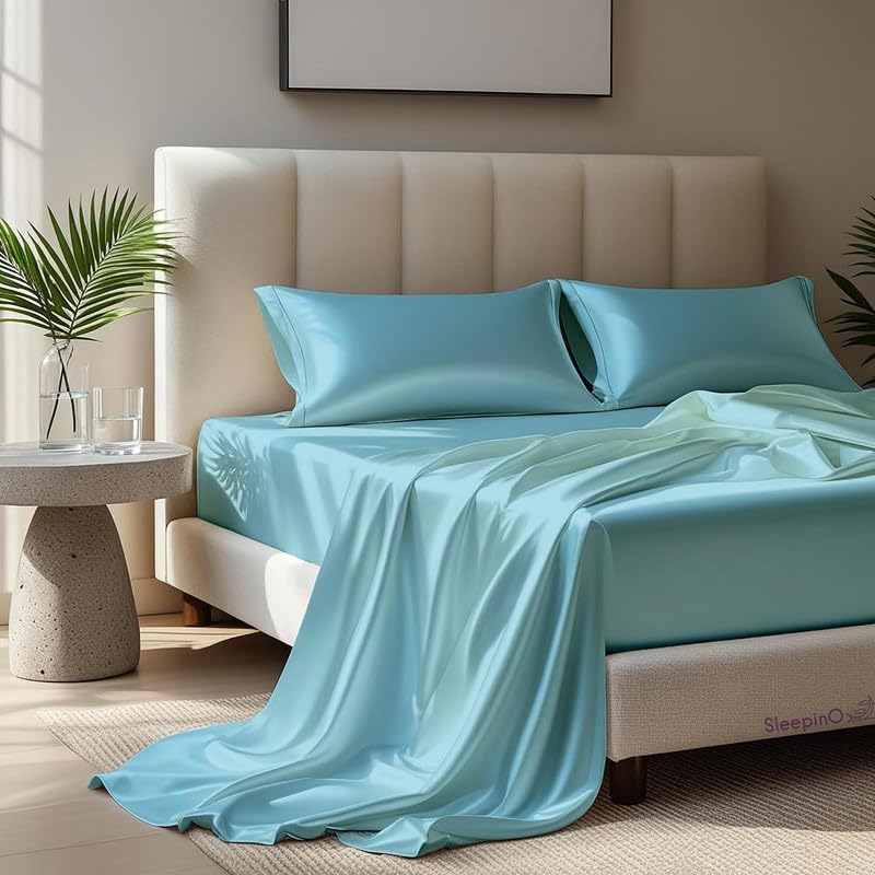 Image of Premium Satin King Size (92x106 Inchs) with 2 Pillow Cover Bedsheet Ultra Soft & Silky Smooth, Breathable Cooling Fabric, Luxury Glossy Finish|Dreamy Blue