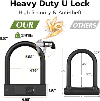 Bike U Lock with Fingerprint, Heavy Duty Anti Theft Smart Bike Cable U Lock with Key, 18.4mm Shackle with 5ft Cable Electric Waterproof Bicycle Lock for Road, Mountain, Electric & Folding Bike