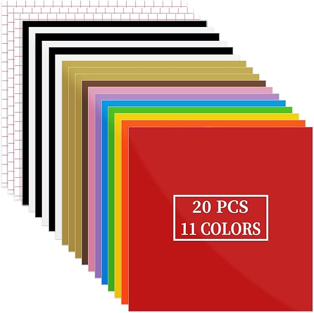 20 Pack Permanent Vinyl Bundle - 30.5 x 30.5 cm 11 Assorted Colors Cricut Vinyl for Cup with 3 Sheets Transfer Tape for Home Decoration, Birthday Party, Christmas Gifts, All Cutting Machines