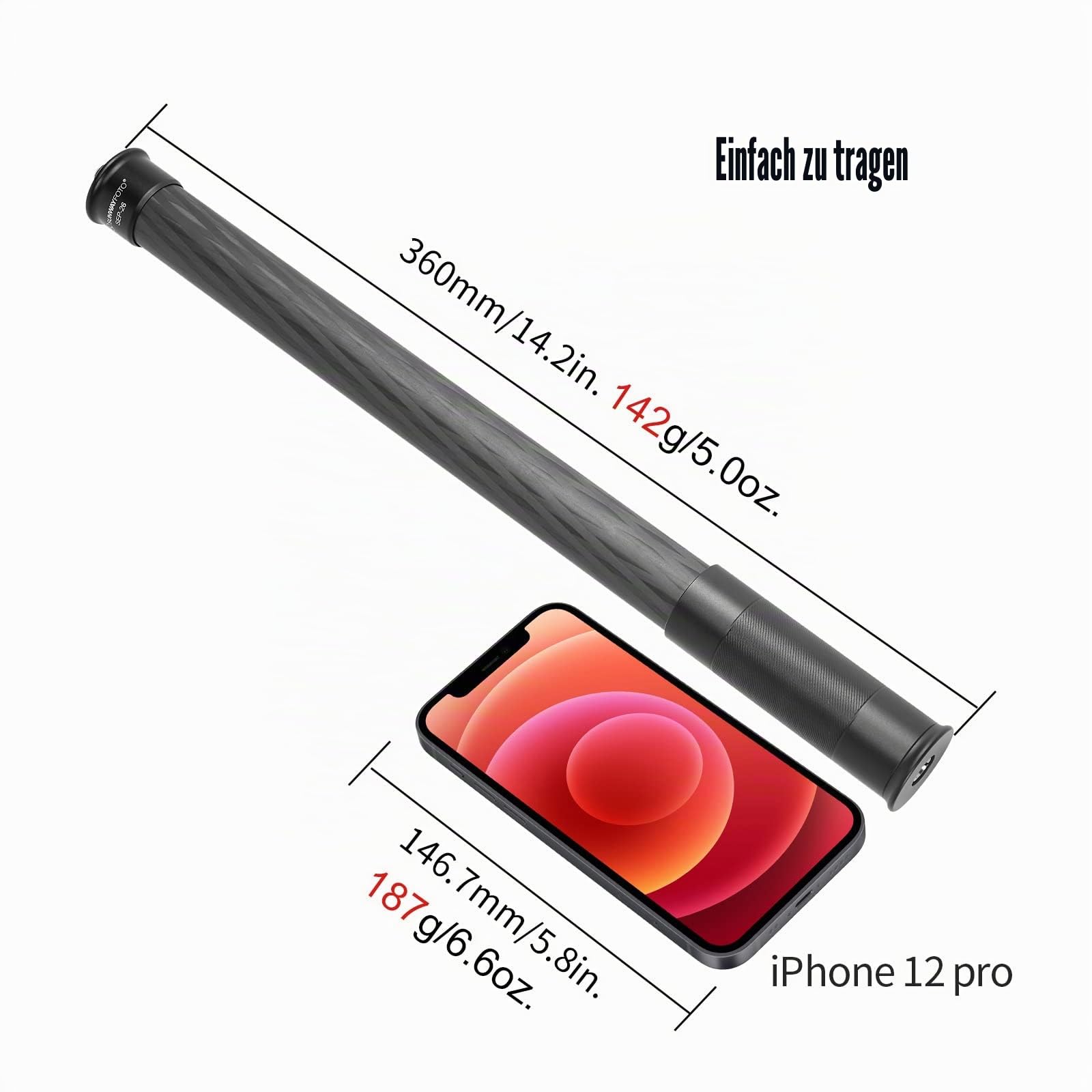 SUNWAYFOTO SEP-26 63 cm Gimbal Verlängerungsstange, 26 mm Kohlefaserrohr, 2 Abschnitte, Universalstange für Stativ und Stabilisator DSLR-Kamera