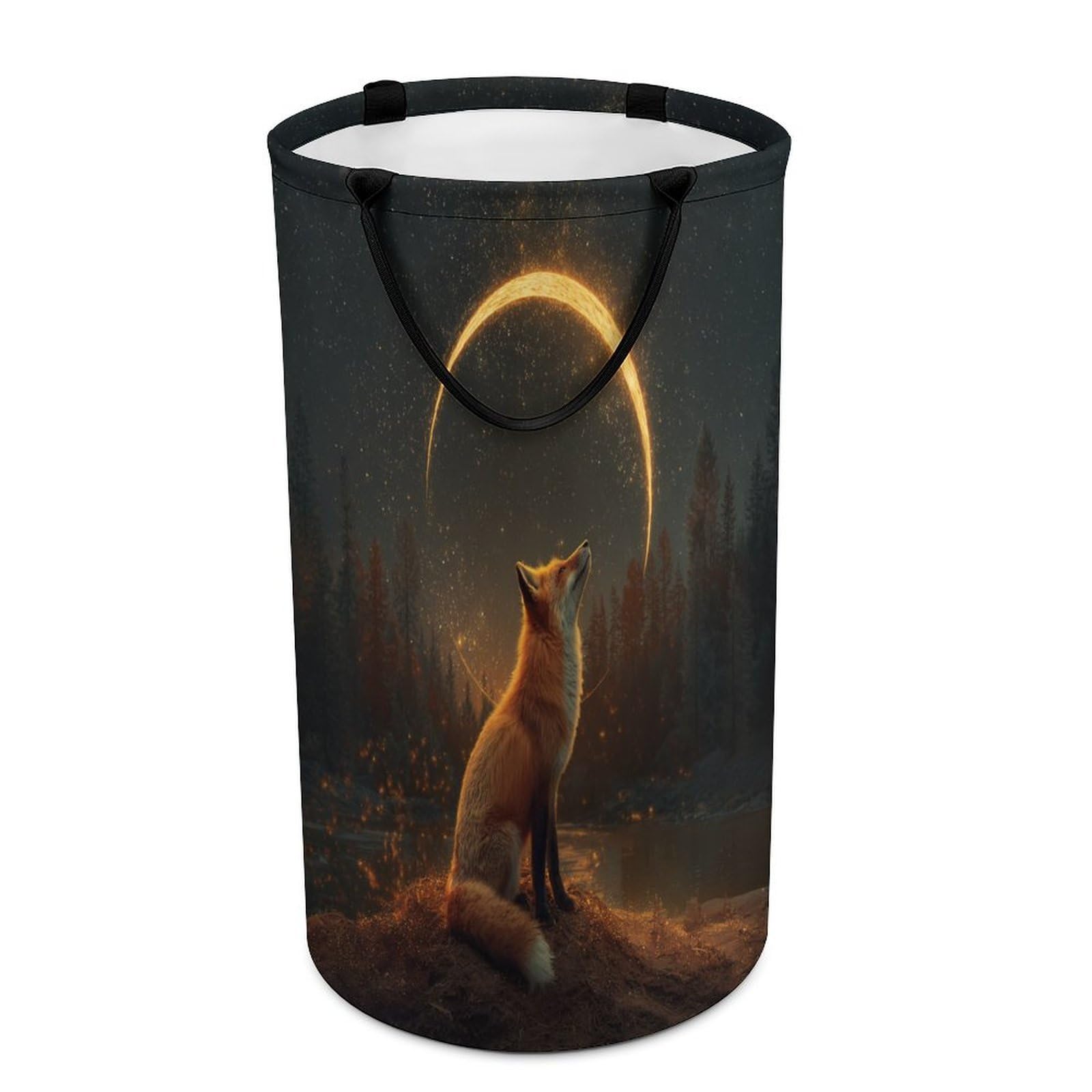 LUYYSKY Vintage Colorful Elegant Fox Versatile Storage Laundry Basket, Beautiful Watercolor Starry Sky Galaxy Pine Forest Animal Fox Large Bathroom Laundry Hamper With Handle-40 CM Dia, 69 CM High