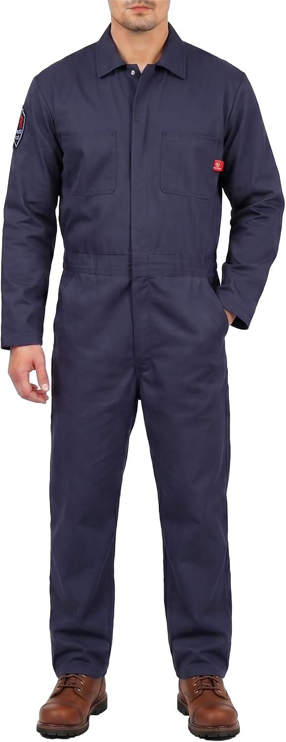 FR Coveralls Men 100% Cotton Flame Resistant Work Coverall | 7oz NFPA 2112 HRC2 Hi Vis FR coveralls for men. Ideal welding suit or mechanic coveralls for oil, and electrical work