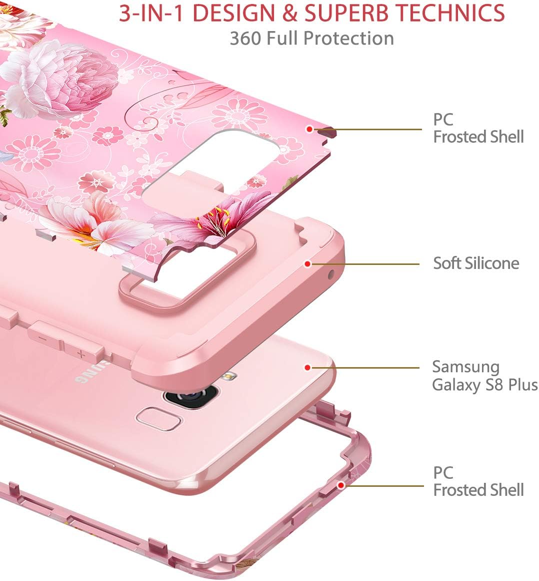 Hekodonk Compatible with Galaxy S8 Plus Case, Floral Design Heavy Duty Shockproof Full-Body Protective High Impact Hybrid Cover for Samsung Galaxy S8 Plus Pink Flower