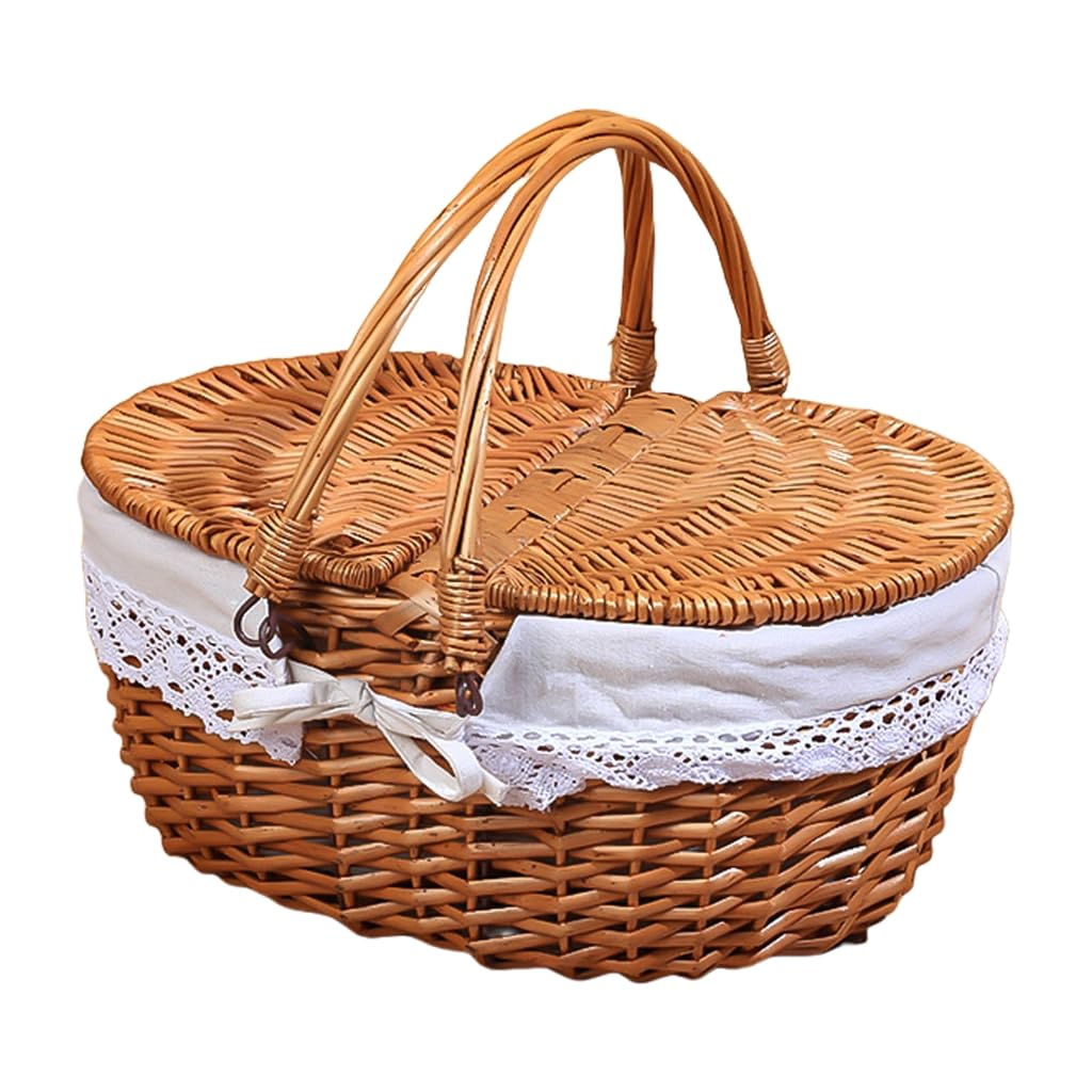 Cestino da picnic in vimini con coperchio pieghevole e manico, cestino da picnic di grande capacità per vacanze al mare, robusto corpo in tessuto con fodera lavabile per Pasqua, festa della