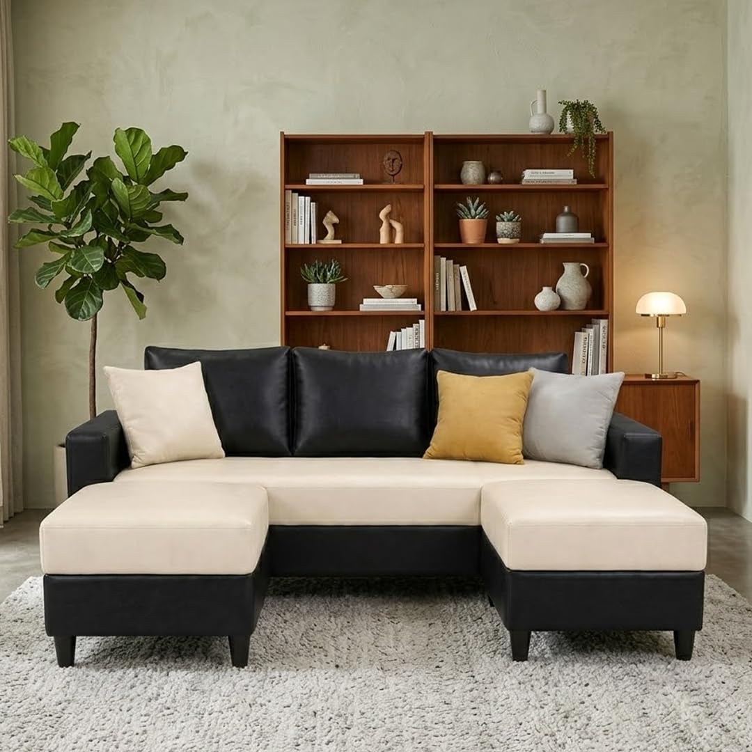 CASASTYLE Convon 5 Seater L Shape Sofa Set with 2 Movable Ottoman | Flexible Left or Right Layout | Cozy Velvet Fabric | Soft Touch Seating | Designer Sofa for Living Room (Black-Cream)