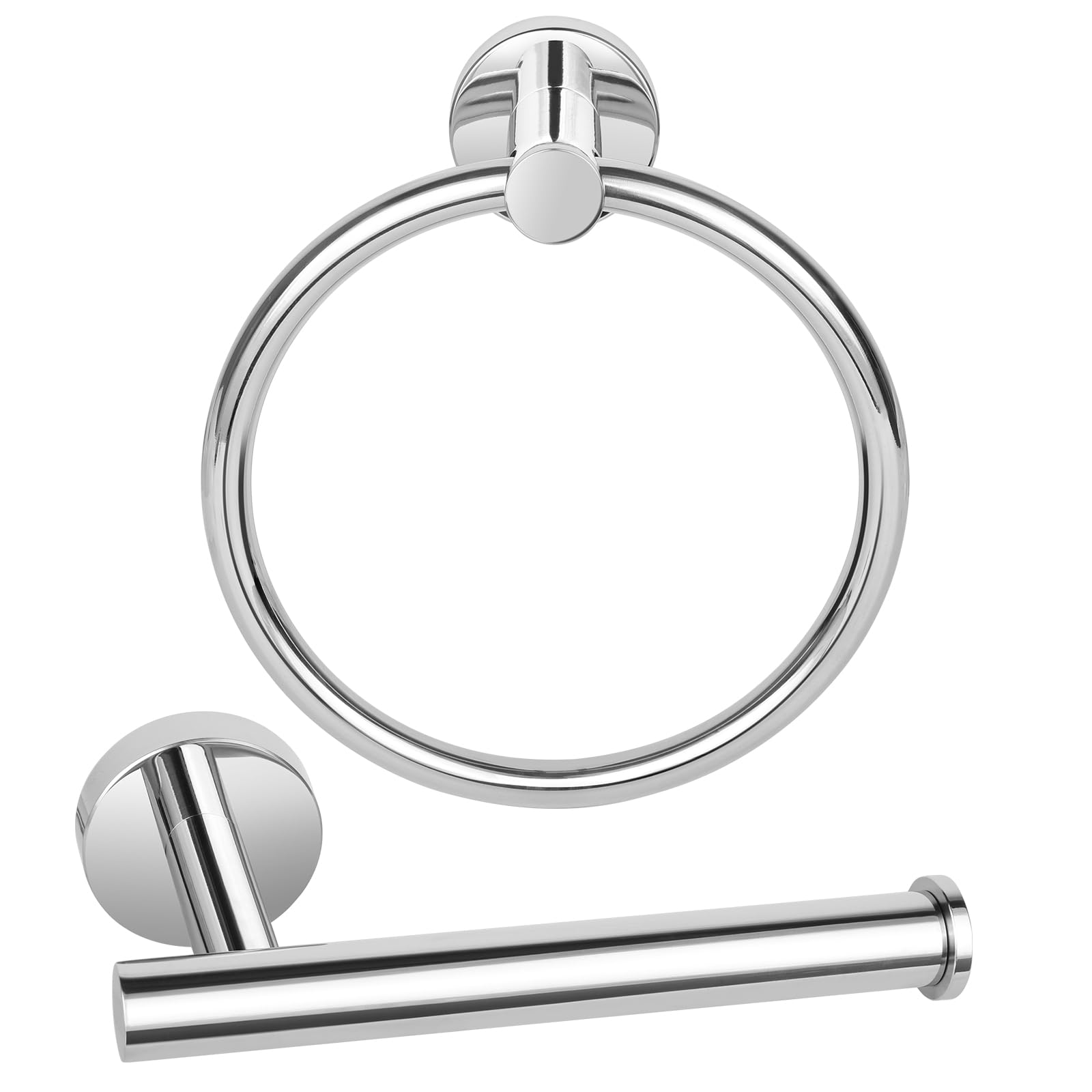 Toilet Roll Holder and Towel Ring Set – Chrome SUS304 Stainless Steel, 2-Piece Bathroom Hardware Kit with 180° Swivel Towel Holder, Wall Mounted Loo Roll Holder, 22mm Fixing Centres