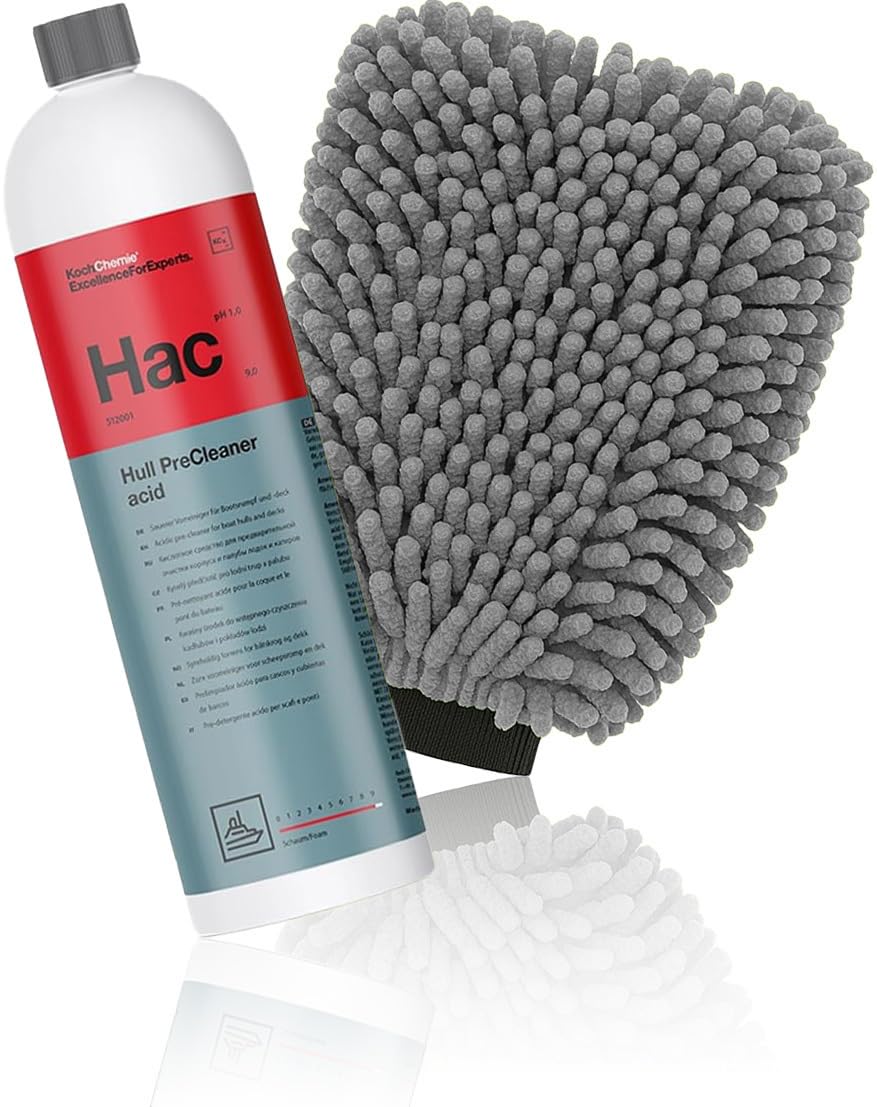 wortek Kit de pré-nettoyage pour bateau Koch Chemie Hull Precleaner Acid 1 l Hac avec gant de lavage en microfibre GFK Nettoyant acide pré-nettoyant pour pont de bateau