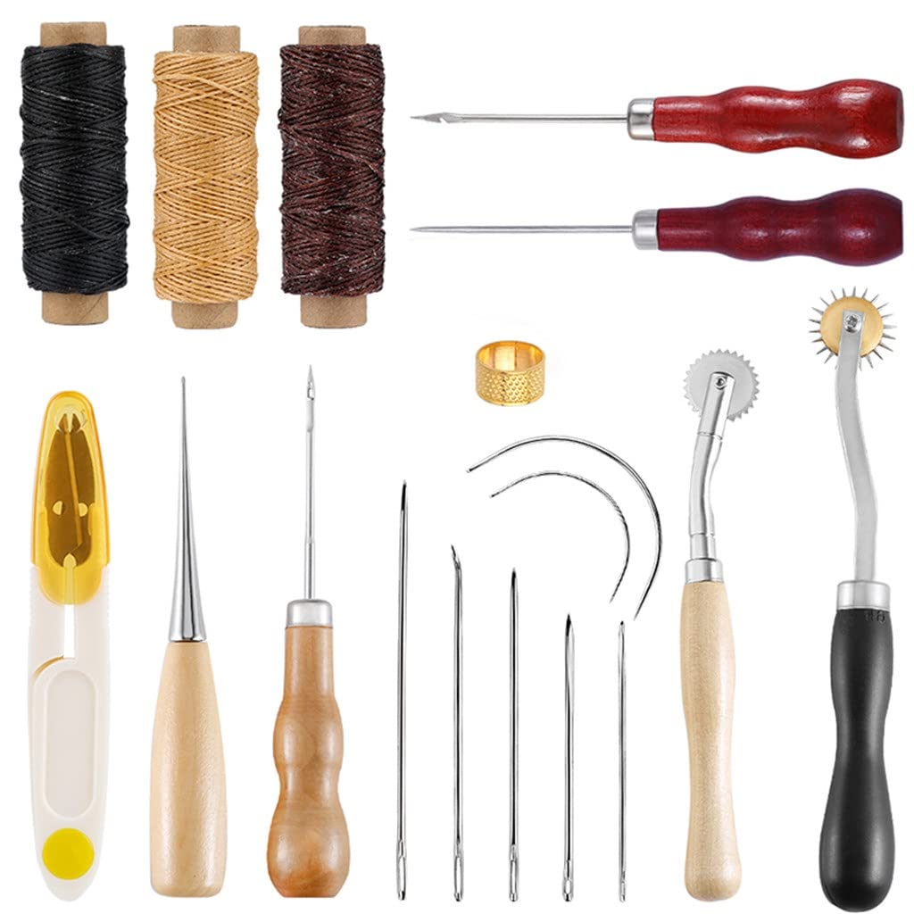 Kit de Costura de Cuero de 18 Piezas con Aguja de Ojo Grande, Hilo Encerado, punzón y Otras Herramientas manuales para Manualidades de Cuero para Principiantes.