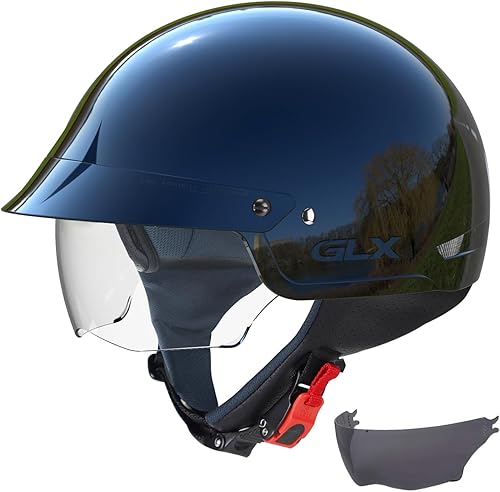 GLX Medio casco de moto M14 con visera retráctil tintada para scooter Cruiser, aprobado por el DOT, negro, L