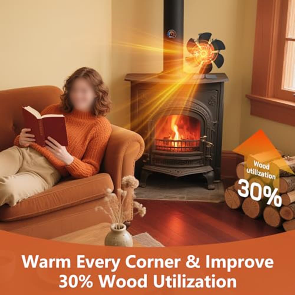 Lecreatekit Wärmebetriebener Holzofenventilator, leises Kamingebläse aus Aluminiumlegierung für effizientes Heizen, Gold und Schwarz