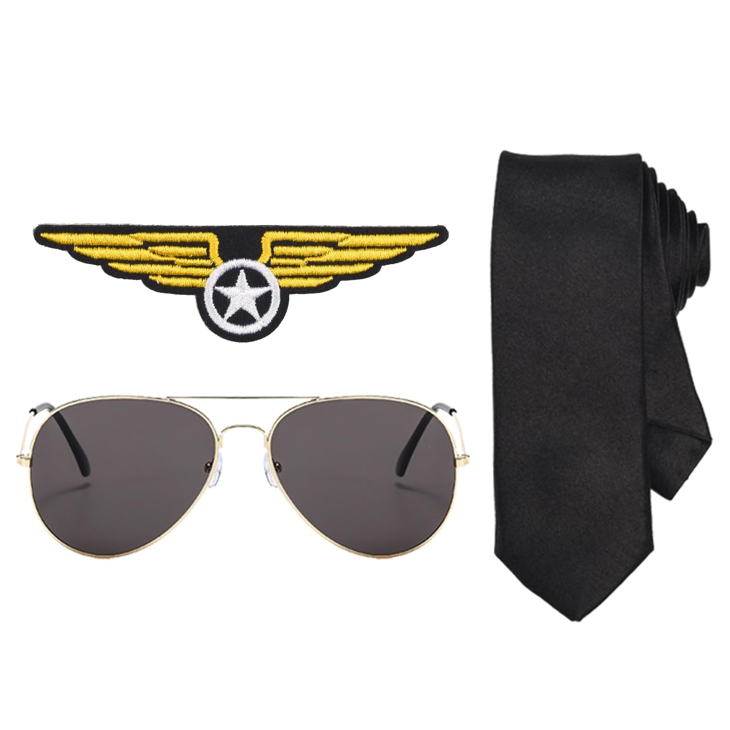 AOVNA 3 Pieces Pilot Accessories Gold Frame Sunglasses Epaulette Badge Pilot Dress Up Accessory for Themed Party Halloween Cosplay