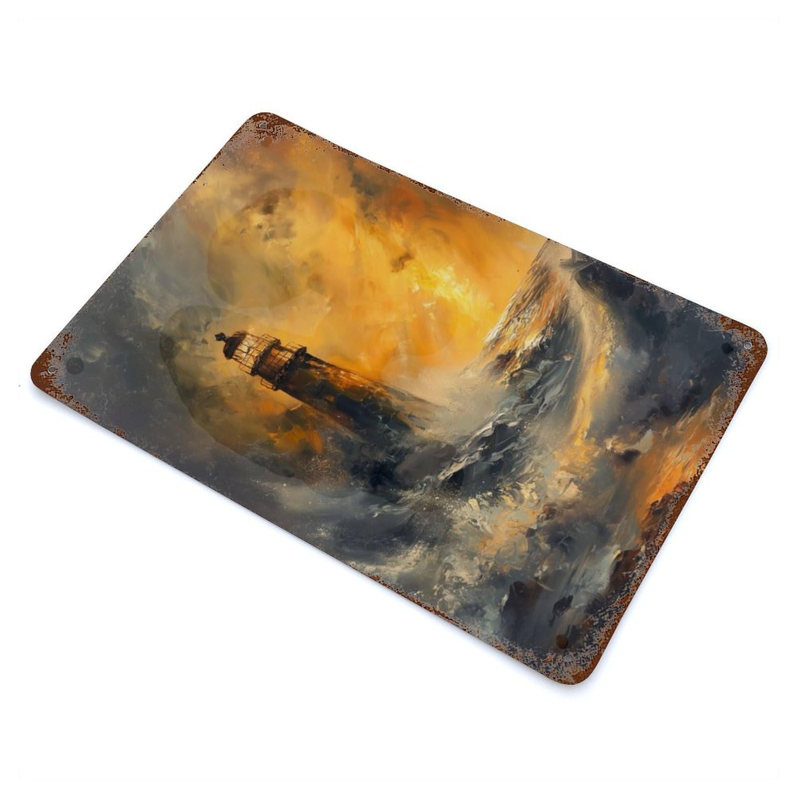 Lighthouse Storm Sunset Aged Metal Wall Plaque 11.8"x7.9", Industrial Home Decor for Pub, Kitchen And Man Cave Decor