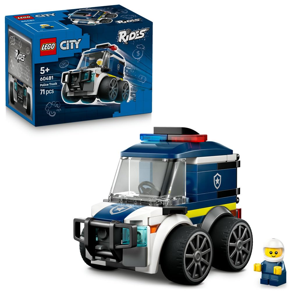LEGO City Pojazdy — Ciężarówka policyjna, pojazd ratunkowy, zabawka dla dzieci z minifigurką małego policjanta, pomysł na prezent dla 5-latka na urodziny, klocki dla chłopca i dziewczynki 60481