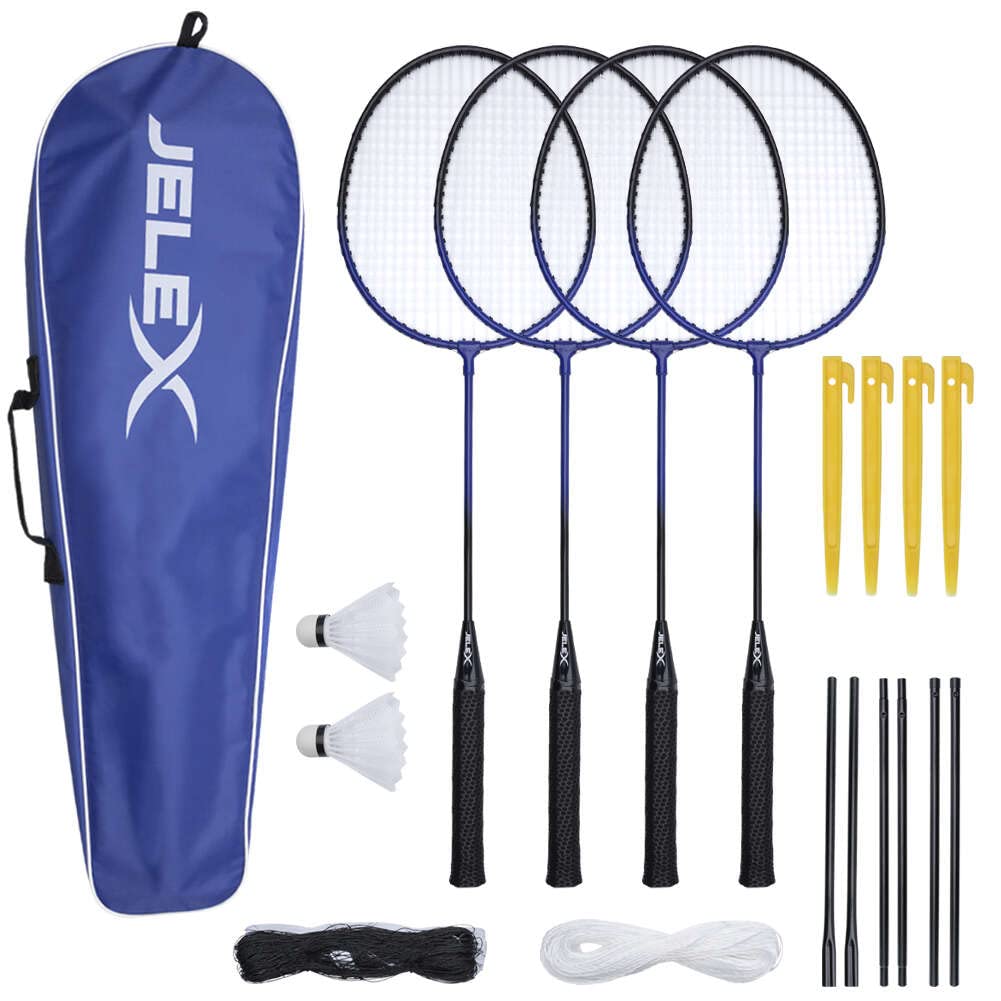 JELEX Big Utd. Lot de 4 raquettes de badminton avec 2 balles et filets, avec sac de badminton bleu de qualité supérieure pour la famille pour jouer et s'entraîner