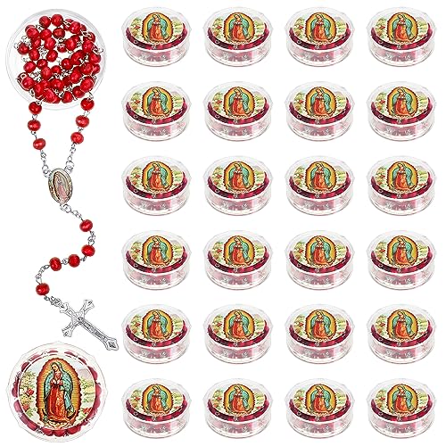 48 Pcs Virgen De Guadalupe Scented Red Rosary Necklace Our Lady of Guadalupe Party Favor Catholic Gifts with Gift Box Rosary Beads Necklace Carved for Funeral Baptism First Communion Party