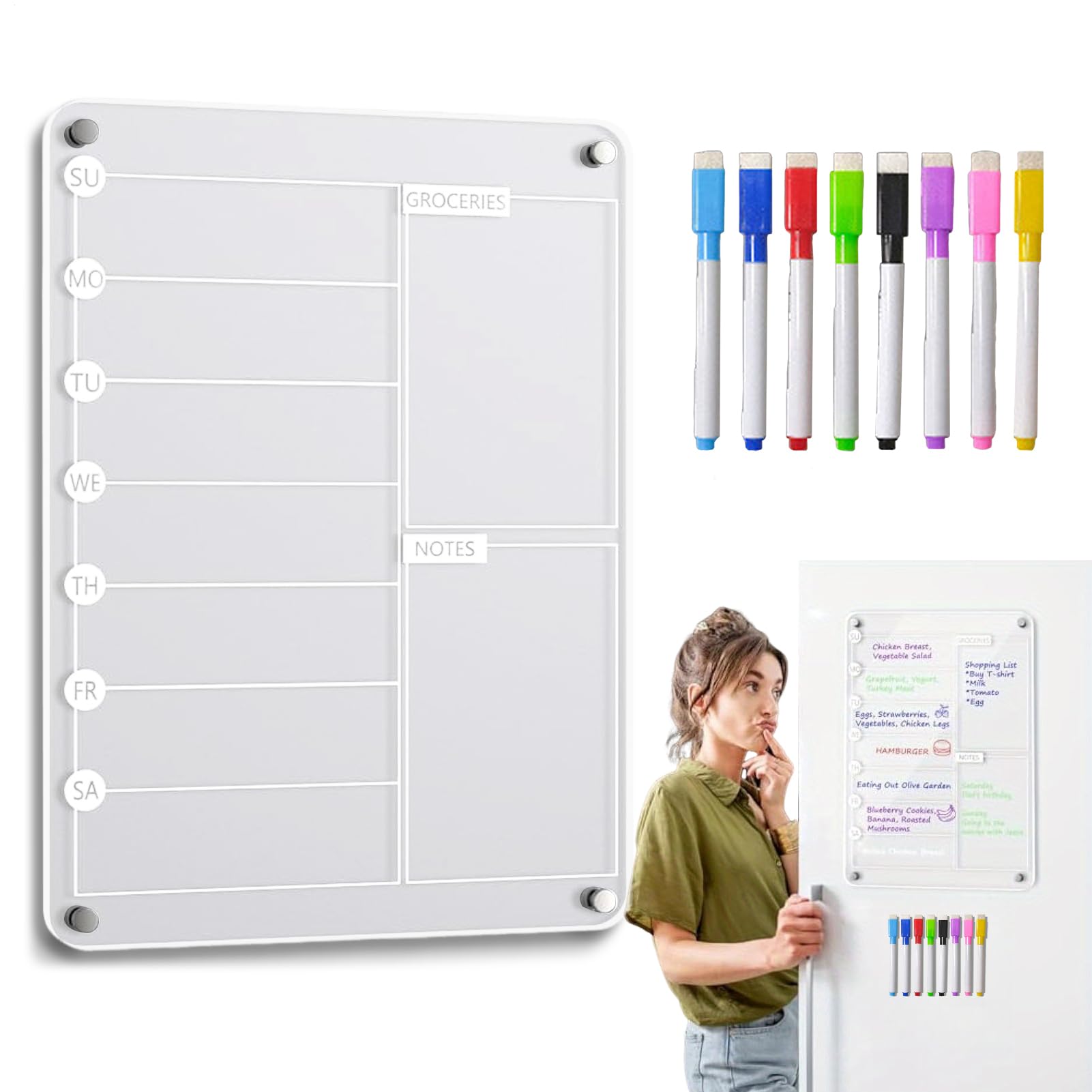 Acrylic Meal Planner, Magnetic Whiteboard Weekly Planner with 8 Markers, Erasable Note Board for Shopping List, Chore Chart
