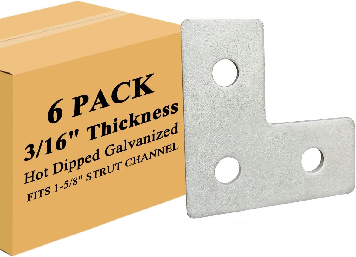 6-Pack 3-Hole L-Shaped Flat Plate Connector for 1-5/8" Strut Channel, 3/16" Heavy Duty Hot Dipped Galvanized Steel, Fits 1/2" Bolt