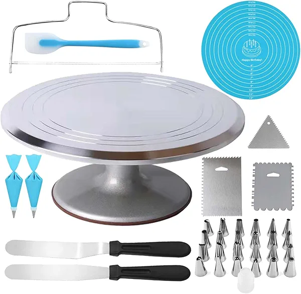Jninexiu 12 Inch Aluminium Alloy Revolving Cake Stand, Rotating Cake Turntable for Cake, Cupcake Decorating Supplies (35Pcs)