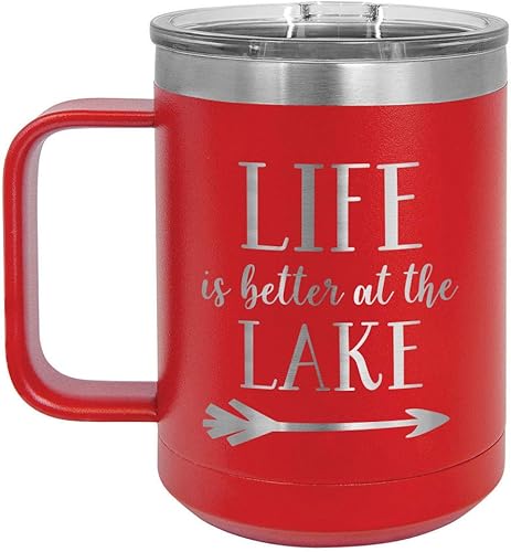 ONLYGIFTS.COM - Taza de café con tapa deslizante (13.0 fl oz), diseño con texto en inglés "Life is better at the lage", Rojo