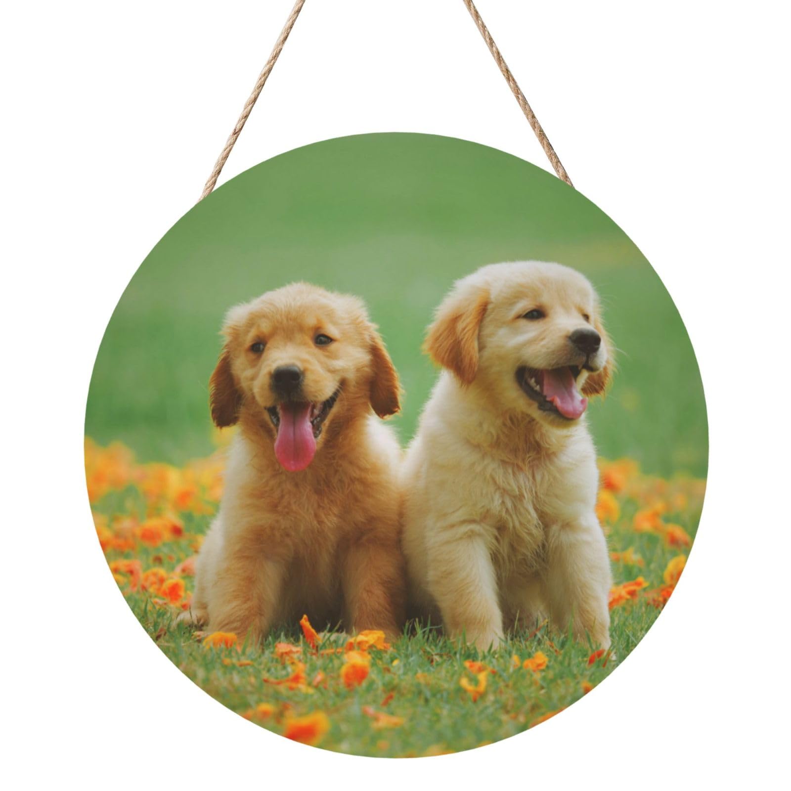 InOmak Golden Retriever Puppy Dog, Round Wood Panel Painting 12 in, Wall Hanging Painting For Home