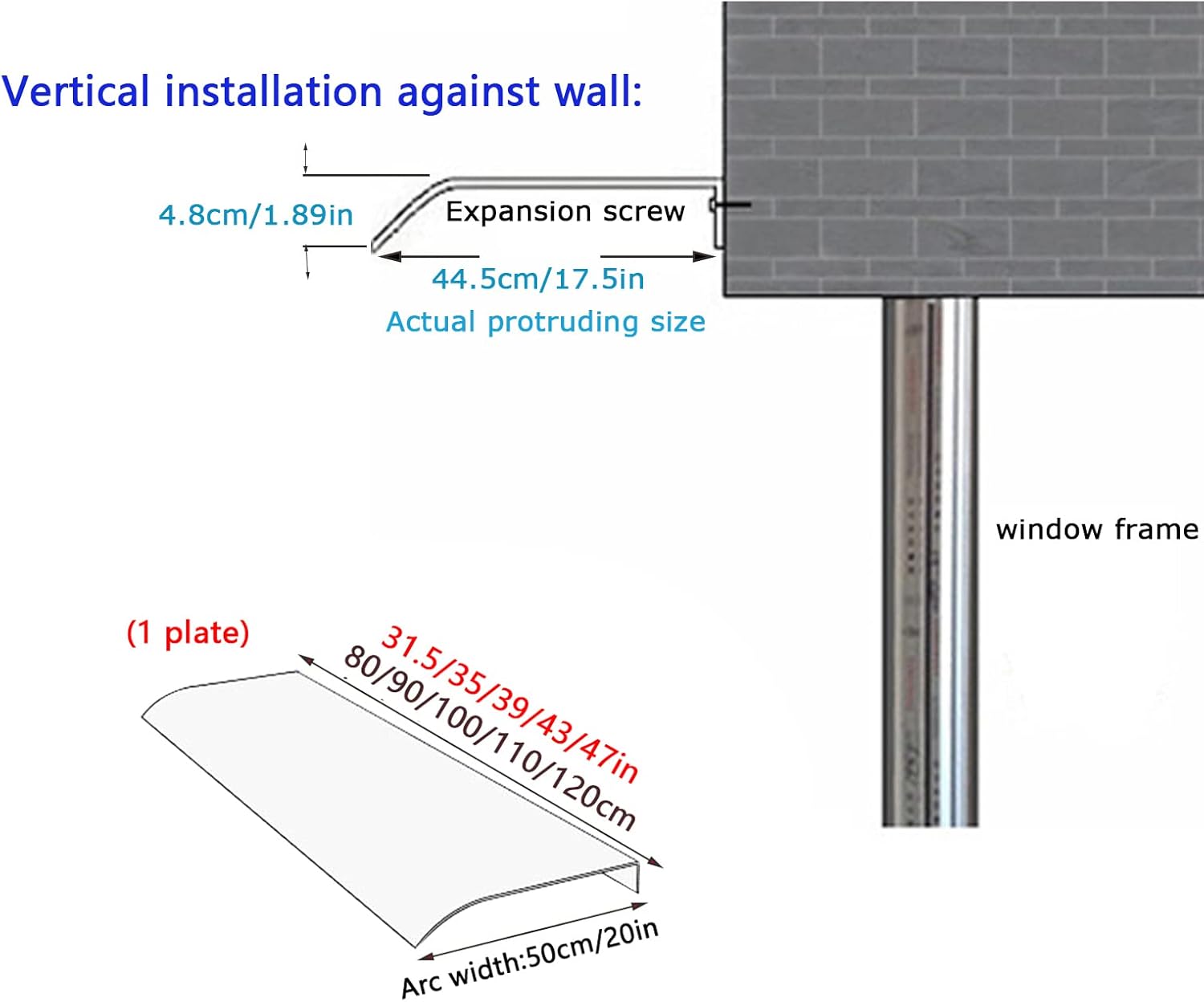 Modern Polycarbonate Front Door Canopy Window Awning Door Awning Canopy,Rain Snow Protection,Transparent Porch Awning Arched Awning for Back Door,Window Roof Protecting (50x120cm/20 x47)