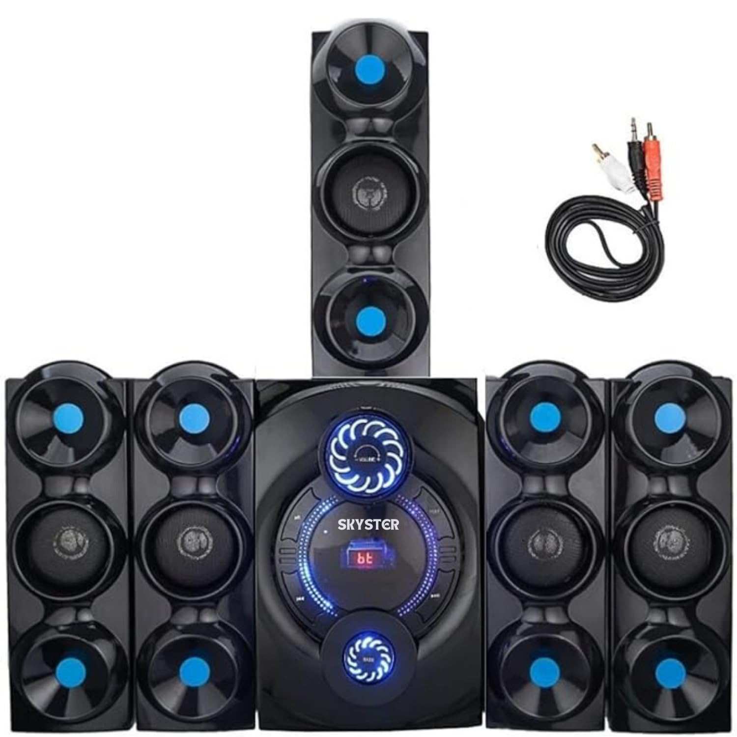 SKYSTER Jumbo Smart Home Theater with Wall-Mounted 5.1 Multimedia Speaker with a 9500 Output of 75dB, Bluetooth, AUX, USB, FM, and a Black Ac-3 Surround Sound Remote Control