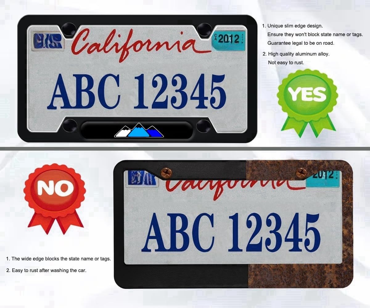 2Pcs Tri-Color Mountains License Plate Frame with Screw Cap Valve Keychain Upgrade Your Car Durable Eye-Catching Design Compatible with Tacoma 4Runner Tundra Accessories (Blue)