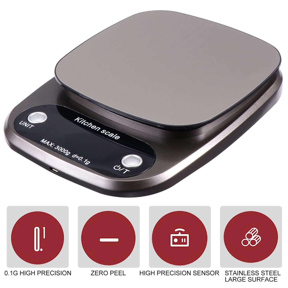 Operitacx Digitale Küchenwaage Wiederaufladbare Portable Waage aus Edelstahl 3 Kg/0,1g Präzise Lcd Anzeige für Küche und Schmuckgebrauch