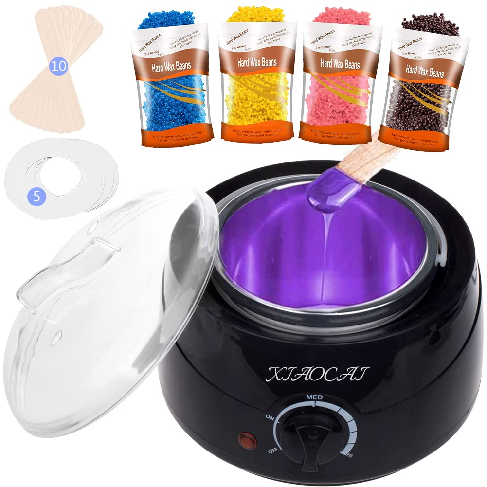 Waxing Kit Wax Warmer for Women Men Hair Removal with 6 Wax Beads, 10 Spatulas, 5 Protection Paper, At Home Wax Kit Painless for Body Hair Facial Eyebrows Armpit Hair